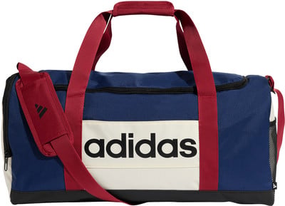 Blaue Adidas Sporttasche mit beige Streifen und roten Trägern. Blaue Adidas Sporttasche mit beige Streifen und roten Trägern.