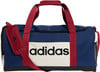 Blaue Adidas Sporttasche mit beige Streifen und roten Trägern.