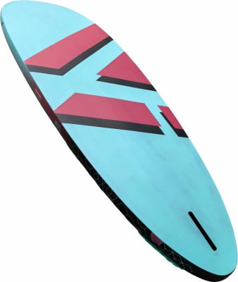 Ein blauer Paddleboard mit roten und schwarzen geometrischen Mustern. Ein blauer Paddleboard mit roten und schwarzen geometrischen Mustern.