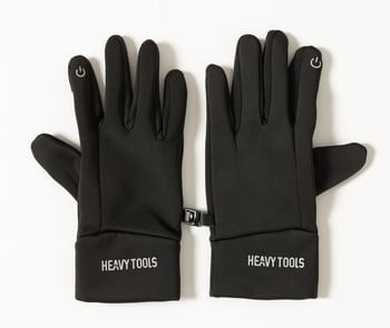 Fekete kesztyű HEAVY TOOLS logóval és bekapcsológomb szimbólummal.