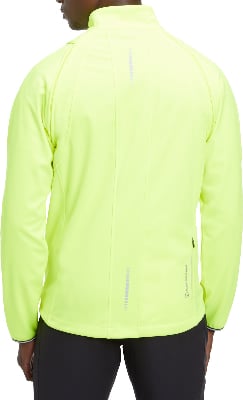 Rückansicht einer leuchtend gelben, reflektierenden Fahrradjacke. Rückansicht einer leuchtend gelben, reflektierenden Fahrradjacke.