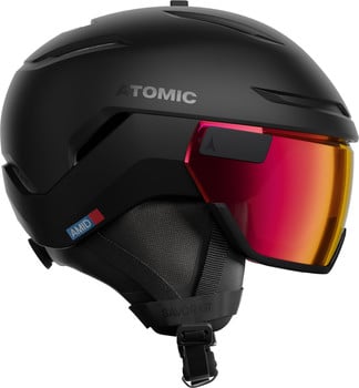 Schwarzer Atomic Skihelm mit integriertem roten Visier.