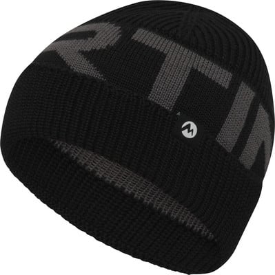 Schwarze Strickmütze mit grauem Logo und Streifen, mit kleinem Aufnäher. Schwarze Strickmütze mit grauem Logo und Streifen, mit kleinem Aufnäher.