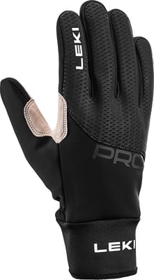 Schwarzer Leki Handschuh mit beigem Daumen und PRO-Logo.