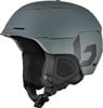 Grauer Skihelm mit schwarzem Logo und verstellbarem Kinnriemen.