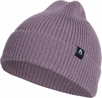 Lila Rippstrickmütze mit McKinley-Logo auf schwarzem Etikett. Lila Rippstrickmütze mit McKinley-Logo auf schwarzem Etikett.