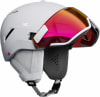 Weißer Atomic Savor GT Skihelm mit rosafarbenem Visier und Riemen.