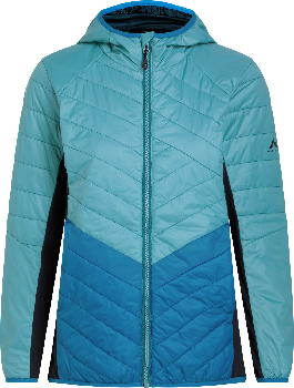 Damen-Steppjacke mit Kapuze in Türkis und Blau.