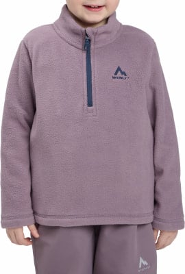 Das Mädchen trägt einen lila Fleecepullover mit Reißverschluss und McKinley-Logo. Das Mädchen trägt einen lila Fleecepullover mit Reißverschluss und McKinley-Logo.