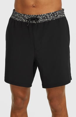 Schwarze Badeshorts für Herren mit Blumenmuster am Bund und Kordelzug.