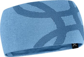 Blaues Stirnband mit dunklerem Muster und Markenlogo in der Ecke.
