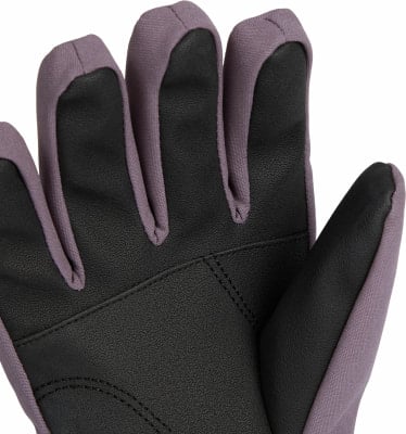 Detail eines Handschuhs mit schwarzer Handfläche und lila Fingerbesatz.