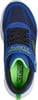 Blaue Kinderschuhe von Skechers S-Lights mit schwarzen Schnürsenkeln und grünen Details.