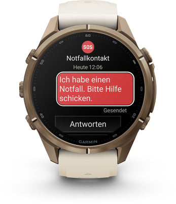 Eine Garmin-Smartwatch zeigt eine Notfallnachricht von einem Kontakt an. Eine Garmin-Smartwatch zeigt eine Notfallnachricht von einem Kontakt an.