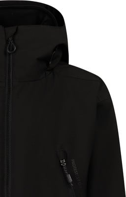 Schwarze Kapuzenjacke mit Reißverschluss und Logo auf der Tasche.