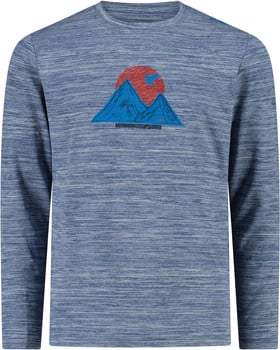 Blaues Langarmshirt mit Berg- und Sonnenaufdruck.