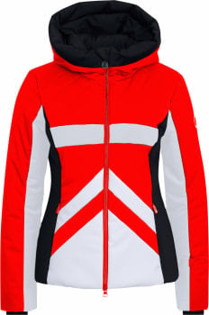 Eine rote, weiße und schwarze Skijacke mit Kapuze und durchgehendem Reißverschluss.