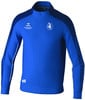 Blaue Jacke mit Logo und weißem Schriftzug auf dem Ärmel.