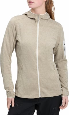 Damen-Fleecejacke in Beige mit Reißverschluss und Kapuze, mit weißer Paspelierung.