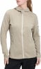 Damen-Fleecejacke in Beige mit Reißverschluss und Kapuze, mit weißer Paspelierung.
