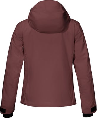 Rückansicht einer Damen-Skijacke in Weinrot mit Kapuze. Rückansicht einer Damen-Skijacke in Weinrot mit Kapuze.