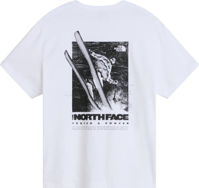 Weißes T-Shirt mit Aufdruck eines Skifahrers und dem Logo von The North Face.