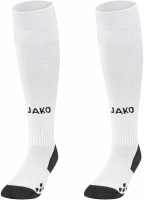 Zwei weiße JAKO Fußballsocken mit schwarzen Fersenakzenten. Zwei weiße JAKO Fußballsocken mit schwarzen Fersenakzenten.