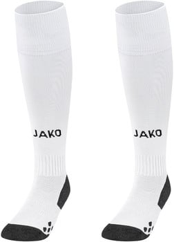 Zwei weiße JAKO Fußballsocken mit schwarzen Fersenakzenten.