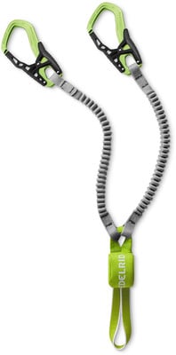Zwei Kletterkarabiner mit elastischer Leine und Schlaufe am Ende. Zwei Kletterkarabiner mit elastischer Leine und Schlaufe am Ende.