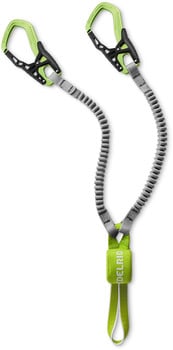 Zwei Kletterkarabiner mit elastischer Leine und Schlaufe am Ende.