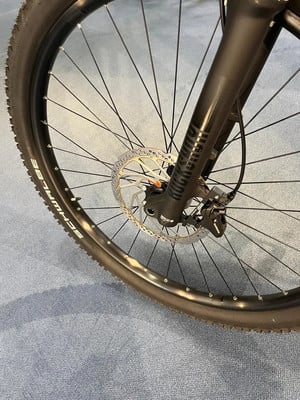 Vorderes Mountainbike-Rad mit Scheibenbremse und Federgabel.