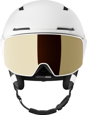 Ein weißer Skihelm mit goldener Skibrille und schwarzen Gurten. Ein weißer Skihelm mit goldener Skibrille und schwarzen Gurten.