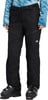 Schwarze Skihose mit blauem Oberteil und Skischuhen.