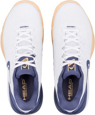 Weiße Tennisschuhe für Damen von HEAD mit orangefarbenen Akzenten und dunkelblauem Rand. Weiße Tennisschuhe für Damen von HEAD mit orangefarbenen Akzenten und dunkelblauem Rand.
