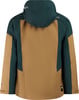 Rückansicht einer Herrenjacke mit Kapuze in Braun und Dunkelgrün.