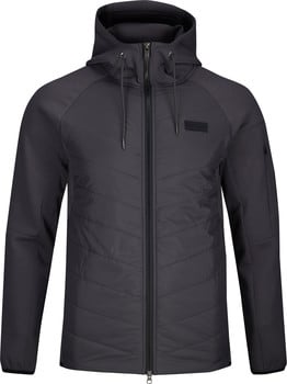 Herren dunkelgraue gesteppte Jacke mit Kapuze und Reißverschluss.