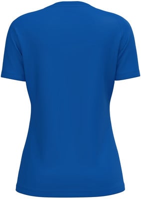 Rückansicht eines blauen Kurzarm-T-Shirts mit Rundhalsausschnitt. Rückansicht eines blauen Kurzarm-T-Shirts mit Rundhalsausschnitt.