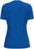 Rückansicht eines blauen Kurzarm-T-Shirts mit Rundhalsausschnitt.