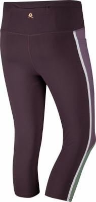 Dunkelviolette Capri-Leggings für Damen mit Logo und Farbstreifen.