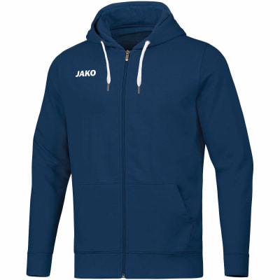 Marineblaue Kapuzenjacke mit weißem JAKO-Logo. Marineblaue Kapuzenjacke mit weißem JAKO-Logo.