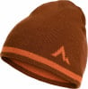 Braune Strickmütze mit orangefarbenem Streifen und Berglogo.