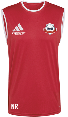 Rotes Tanktop mit Intersport und Sport Union Lasberg Logos auf der Brust.