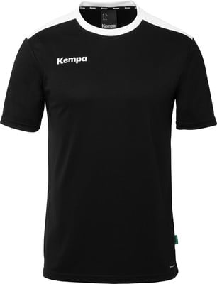 Schwarzes Trikot mit weißem Kempa-Logo und weißen Schulterstreifen. Schwarzes Trikot mit weißem Kempa-Logo und weißen Schulterstreifen.