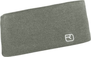 Grauer Strick-Schlauchschal mit weißem Ortovox-Logo.