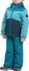 Kind in blauer und türkiser Winterjacke und Hose.
