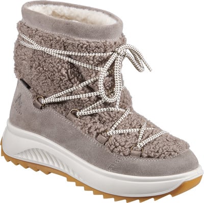Grauer Stiefel mit Teddy-Futter und weiß-grauen Schnürsenkeln.