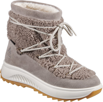 Grauer Stiefel mit Teddy-Futter und weiß-grauen Schnürsenkeln.