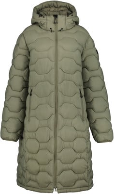 Grüne gesteppte Jacke mit Kapuze und Reißverschluss.