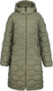 Grüne gesteppte Jacke mit Kapuze und Reißverschluss.