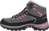 Šedá turistická obuv s růžovými a modrými detaily a černou podrážkou.